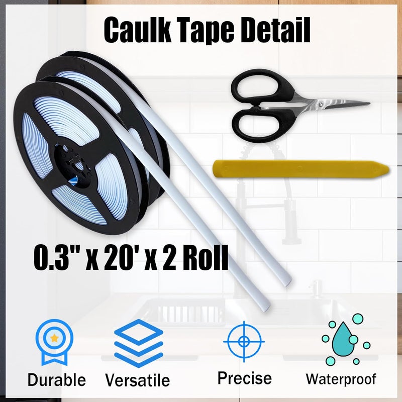 Aogigigio Caulk Tape 0.3" x 40' - White Waterproof Caulking Strip Peel and Stick Tape Roll for Shower Bathtub Bathroom Toilet - Image 2